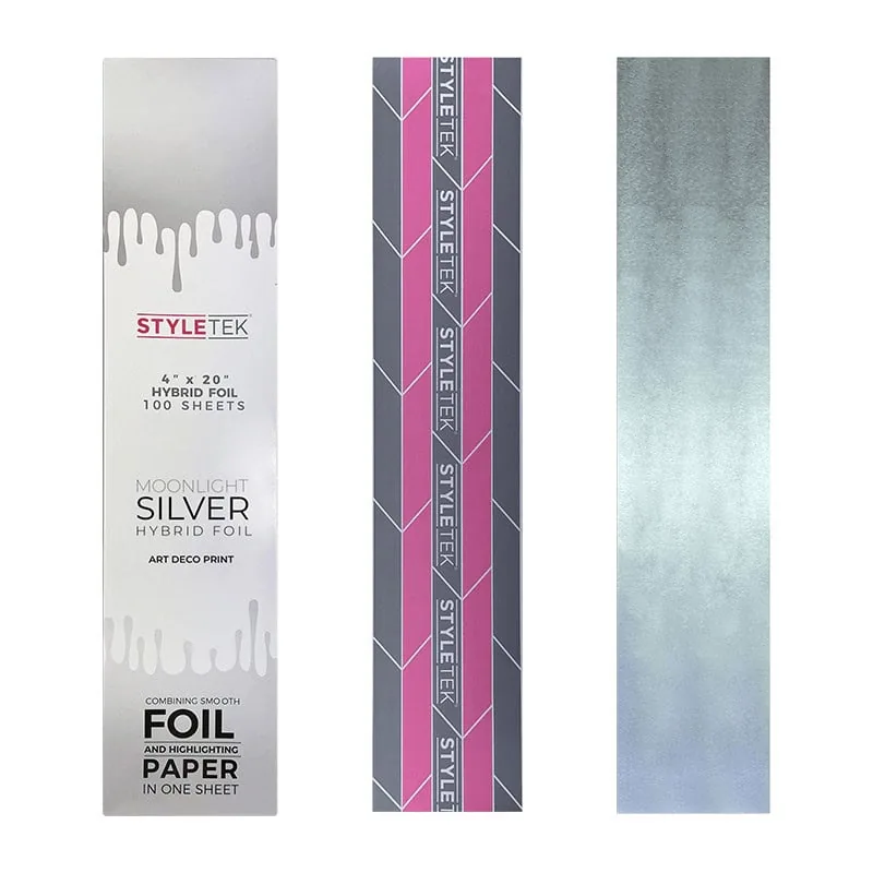 A box labeled "Pop Up Hybrid Foil 4 x 20 (100CT)" is shown, with two displayed sheets: one silver and one featuring a geometric striped pattern.