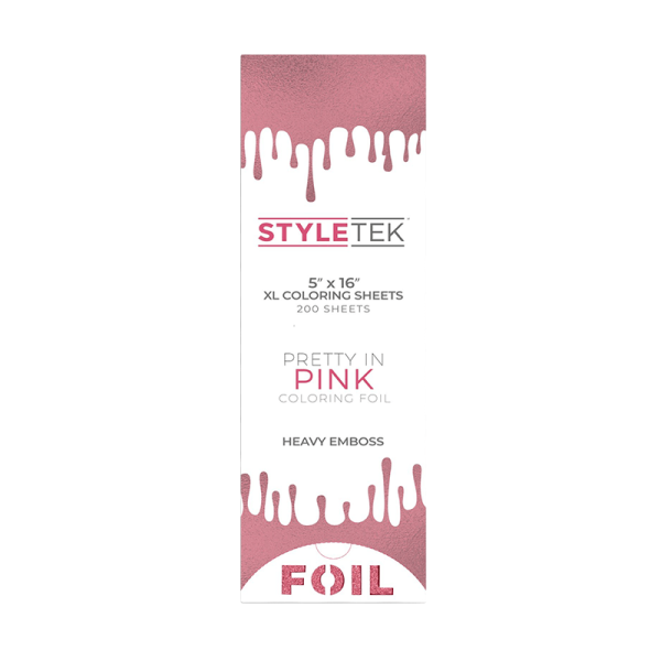 Rectangular box labeled "Pop Up Foil 5 x 16 XL - Heavy Emboss (200CT) - Pretty in Pink" with a pink pop-up foil design on top and bottom.