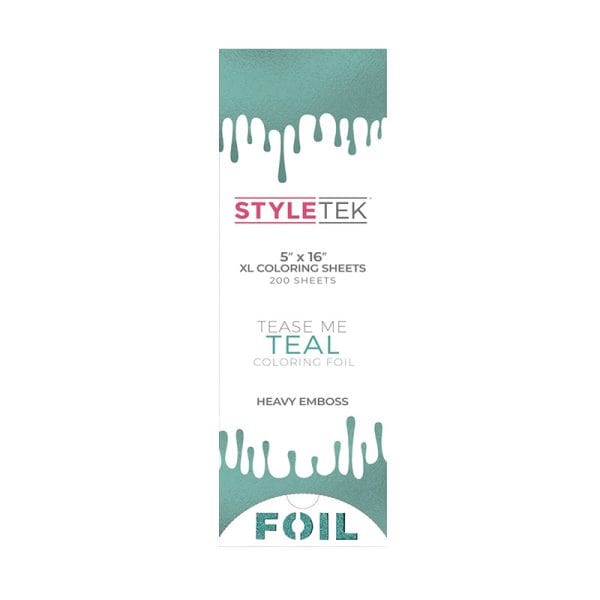 A rectangular package labeled “Pop Up Foil 5 x 16 XL - Heavy Emboss (200CT) - Tease Me Teal” features a teal foil drip design at the top and bottom.