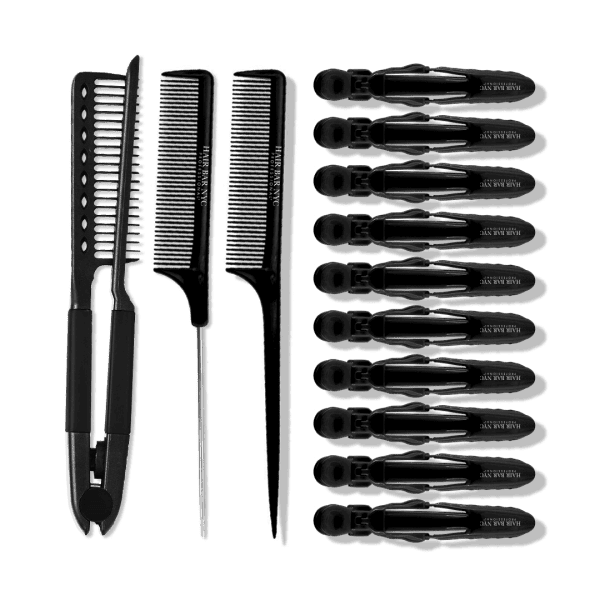 The Professional Hair Tools Kit (13pcs) is displayed neatly, featuring a hair thinning razor, two black metal-tail combs, and ten black sectioning clips on a plain background.