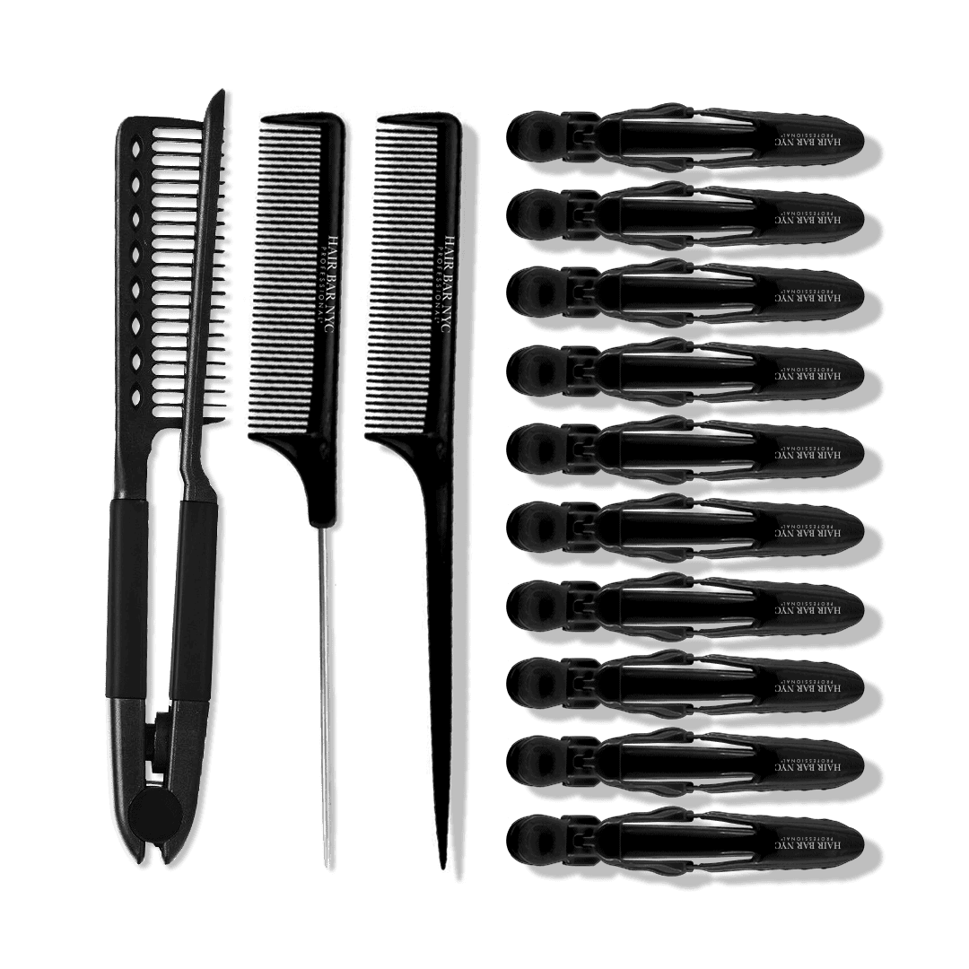 The Professional Hair Tools Kit (13pcs) is displayed neatly, featuring a hair thinning razor, two black metal-tail combs, and ten black sectioning clips on a plain background.