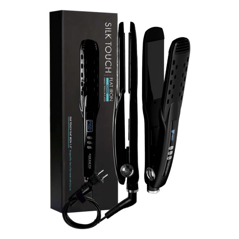 The Silk Touch Professional Ionic Flat Iron, a black hair straightener with digital display, control buttons, and power cord, is shown next to its packaging—ideal for sleek styles or use with diamond botox treatments for added shine.