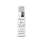 A 100 ml bottle of Hair Bar NYC Silk Touch System Serum with a pump sits next to a matching 100 ml Silk Touch System Conditioner.