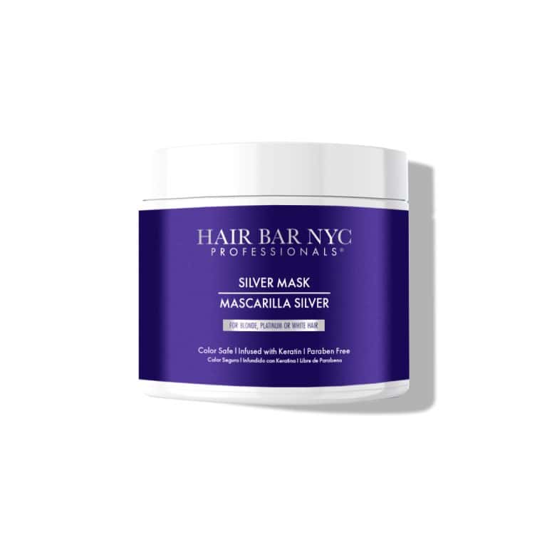 A white jar of Silver Mask with a purple label and white lid, designed for blonde, platinum, or white hair.