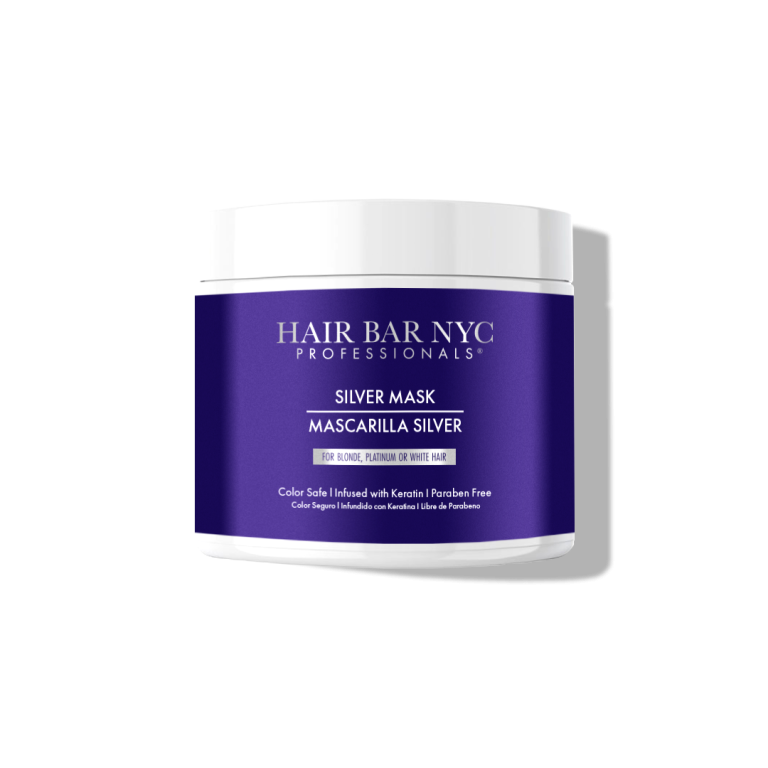 A white jar of Silver Mask with a purple label and white lid, designed for blonde, platinum, or white hair.