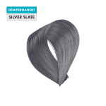 A sample of Silver Slate hair dye in a looped shape, labeled "demipermanent" in blue and "Silver Slate" in gray and black text.