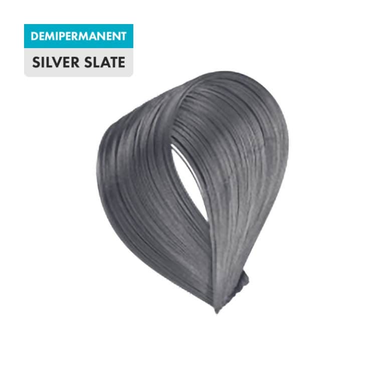 A sample of Silver Slate hair dye in a looped shape, labeled "demipermanent" in blue and "Silver Slate" in gray and black text.