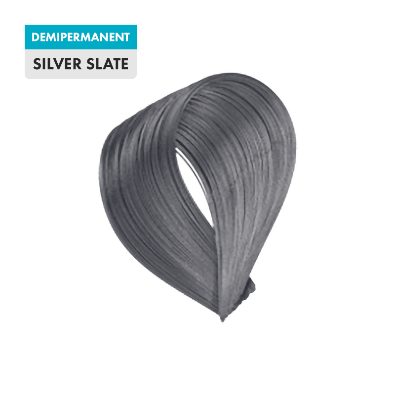 A sample of Silver Slate hair dye in a looped shape, labeled "demipermanent" in blue and "Silver Slate" in gray and black text.