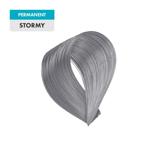 A hair color swatch in the deep gray shade "Stormy" is displayed against a plain background.
