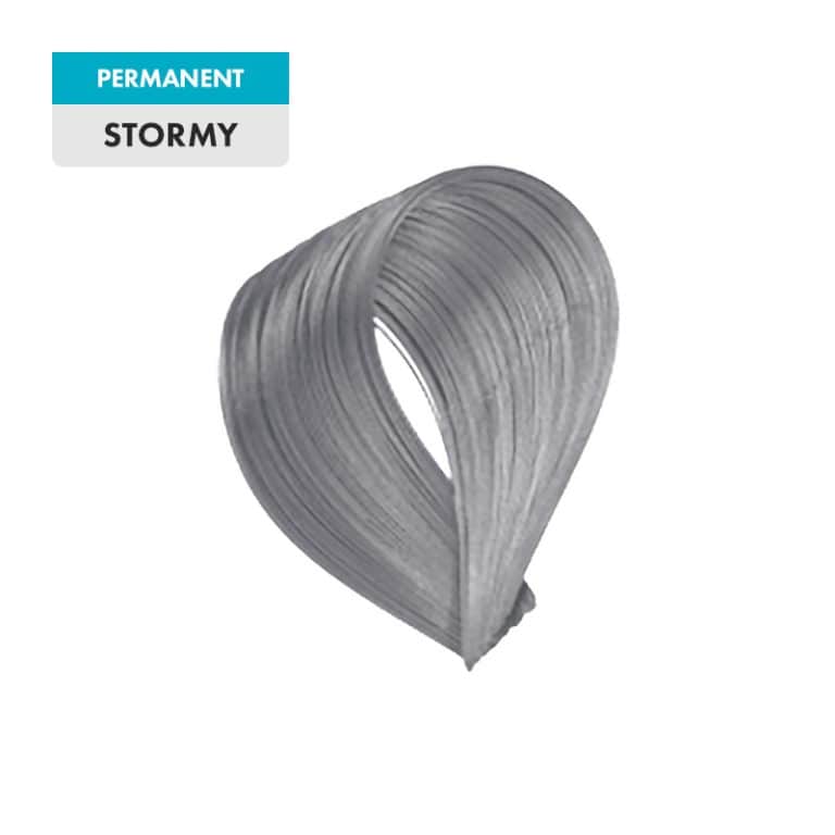 A hair color swatch in the deep gray shade "Stormy" is displayed against a plain background.