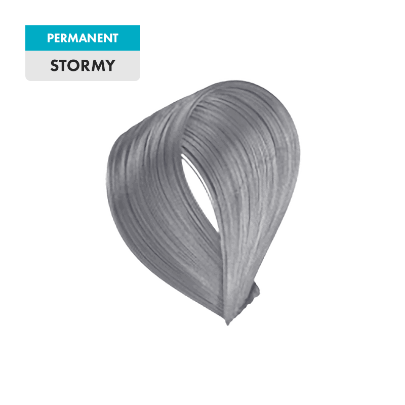 A hair color swatch in the deep gray shade "Stormy" is displayed against a plain background.