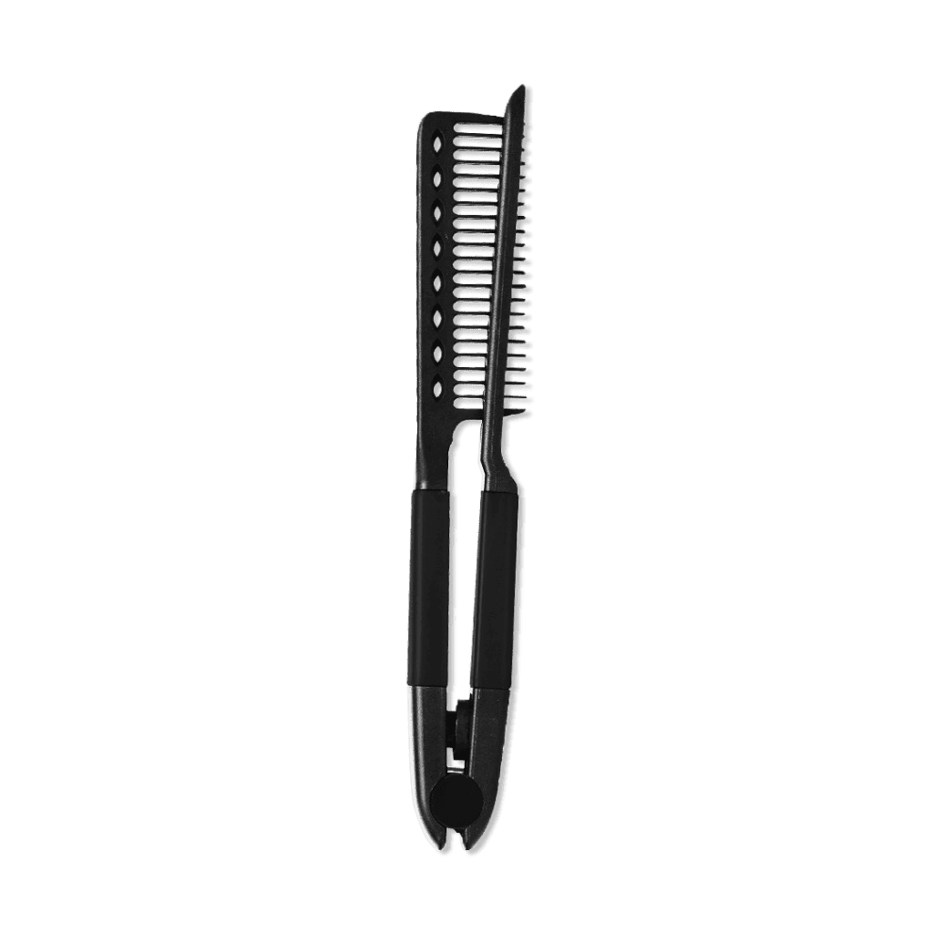A Professional Hair Smoothing/Straightener Comb featuring two black, comb-like blades hinged together, resembling scissors, shown against a white background.