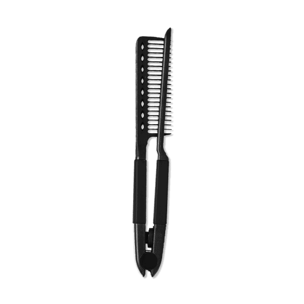 A Professional Hair Smoothing/Straightener Comb featuring two black, comb-like blades hinged together, resembling scissors, shown against a white background.