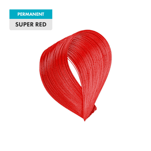A swatch of vibrant red hair color, named Super Red, labeled "PERMANENT SUPER RED" appears on a transparent background.
