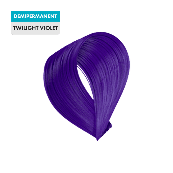 A swatch of demipermanent hair dye, Twilight Violet, displaying a vivid and deep purple shade.