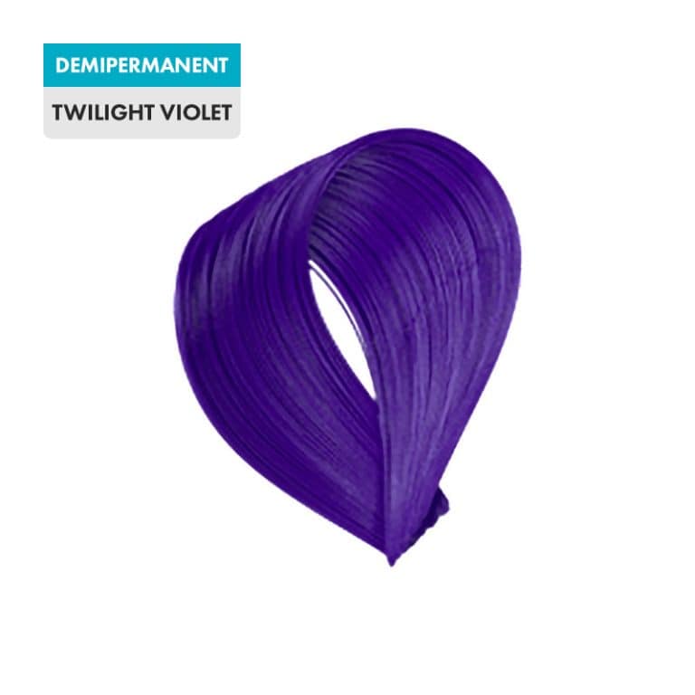 A swatch of demipermanent hair dye, Twilight Violet, displaying a vivid and deep purple shade.