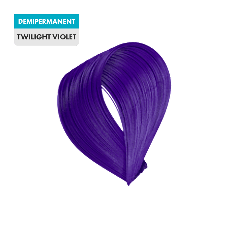 A swatch of demipermanent hair dye, Twilight Violet, displaying a vivid and deep purple shade.