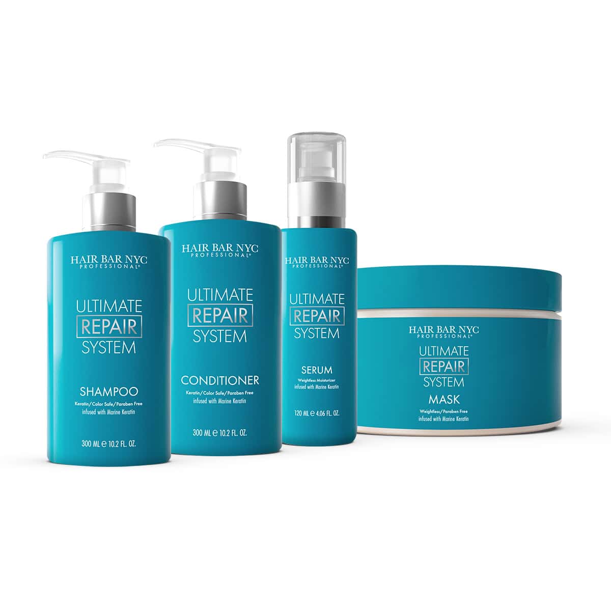 The turquoise Ultimate Repair System Conditioner by Hair Bar NYC is displayed against a white background.