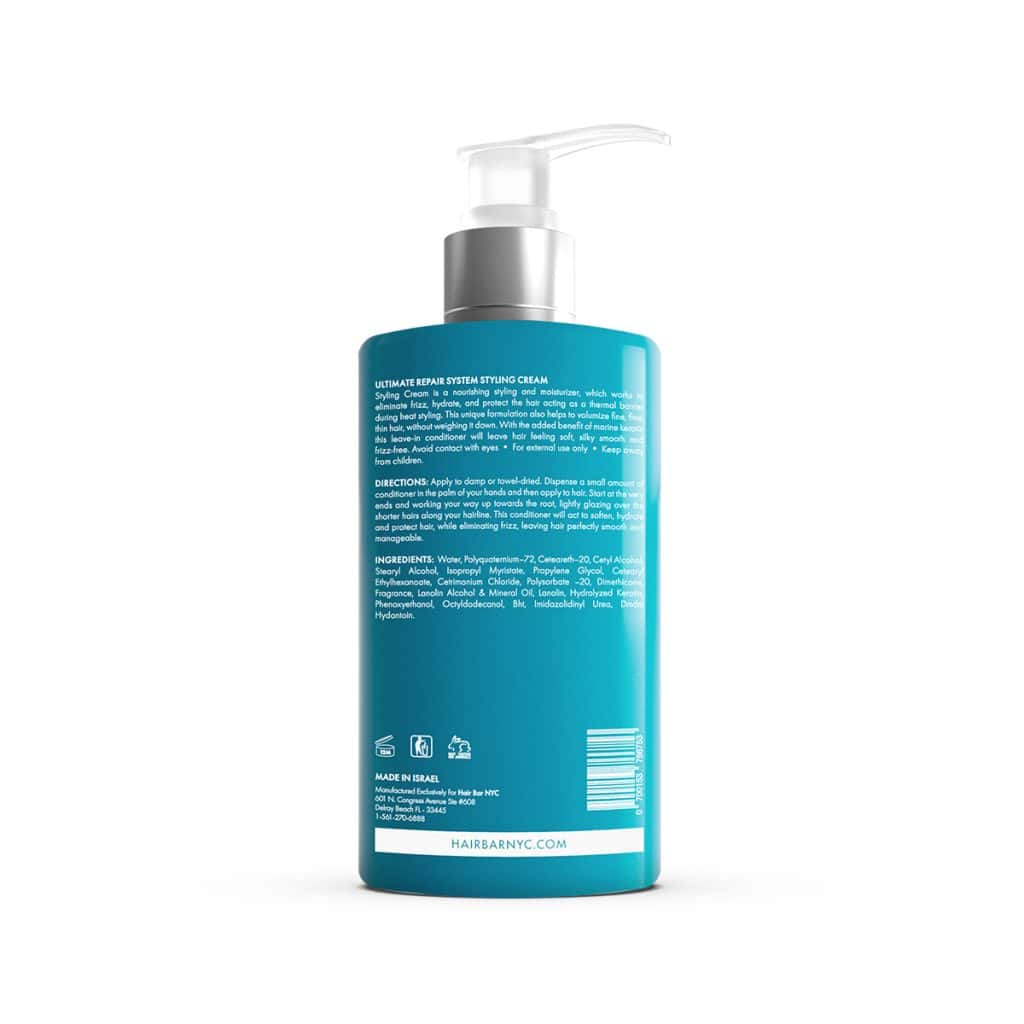 A turquoise bottle with a pump dispenser labeled Ultimate Repair System Conditioner, featuring detailed product info, directions, and ingredients for hair styling and conditioning.