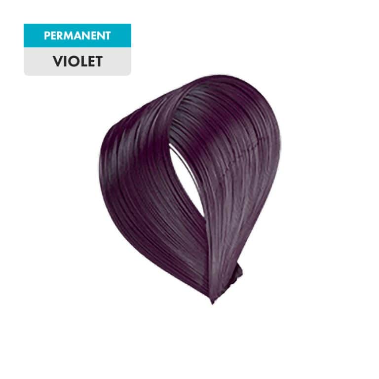 A swatch of "Violet" hair color, shaped into a smooth loop, is shown on a plain green background.