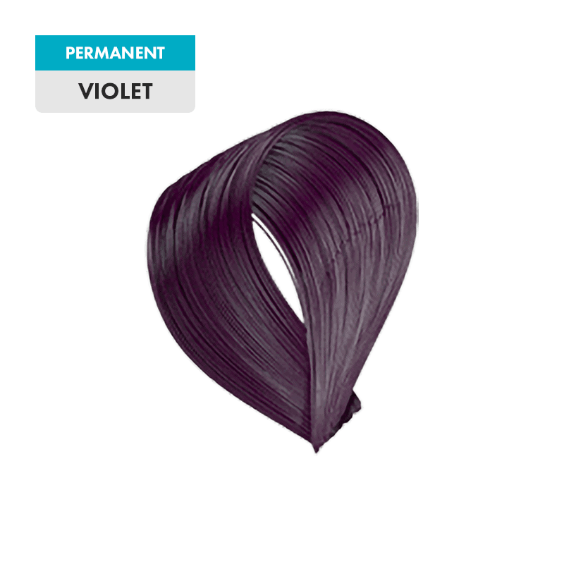 A swatch of "Violet" hair color, shaped into a smooth loop, is shown on a plain green background.