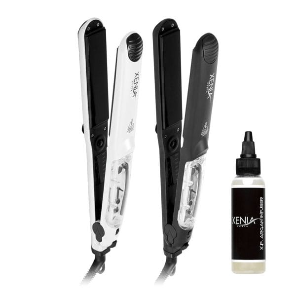 Two XP Ceramic Steamer Flat Irons with Argan Oil Infuser 1.25", in white and black, are displayed beside a small "Xenia XP Argan Infuser" bottle.