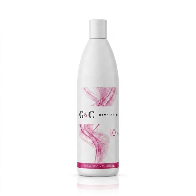A 1000 ml white bottle of G&C Cream Developer 10 Volume features a pink abstract design and white cap, shown against a plain white background.