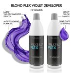 Two bottles of Blond Plex Violet Developer 10 Volume are shown, featuring a purple liquid swatch with text highlighting its violet pigment, anti-yellowing formula, and gentle lift for toning.