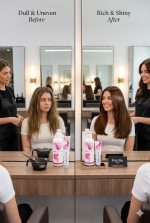 Split image shows a woman with dull, uneven hair labeled "Before" and with rich, shiny, straight hair labeled "After" on the right after using G&C Cream Developer 7 Volume, seated at a salon station.