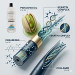A 32 oz Clarifying Shampoo bottle is shown with labeled ingredients—pistachio oil, keratin complex, ceramides, and collagen—illustrated interacting with a cross-section of a hair strand.