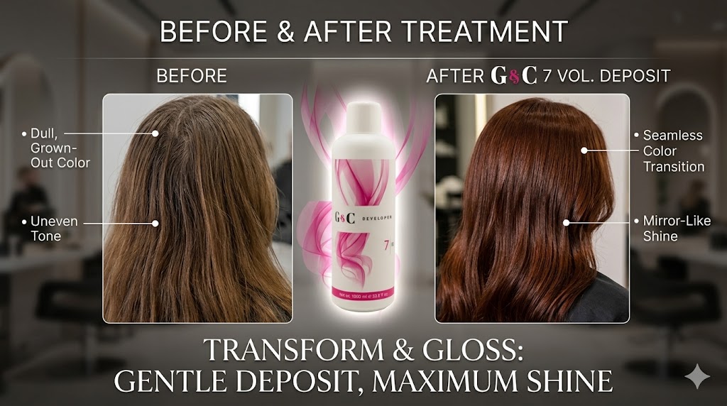 Split-screen image showing hair before and after using G&C Cream Developer 7 Volume; before: dull, uneven color; after: smoother blend and mirror-like shine; G&C Cream Developer 7 Volume bottle centered between images.