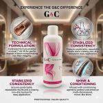 A bottle of G&C Cream Developer 7 Volume is centered, surrounded by icons and text showcasing its technical formulation, stabilized consistency, and shine and conditioning benefits for salon-quality hair.
