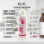 A white bottle of G&C Cream Developer 7 Volume with pink graphics is shown next to a comparison chart highlighting its features versus a generic developer.