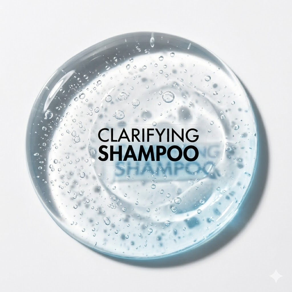 A clear gel shampoo with bubbles, labeled "Clarifying Shampoo Gallon" in bold black text on a sleek white background.