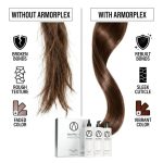 Comparison of hair without ArmorPlex Restructuring Treatment (damaged, rough, faded) and with ArmorPlex Restructuring Treatment (smooth, sleek, vibrant) shown above product bottles.