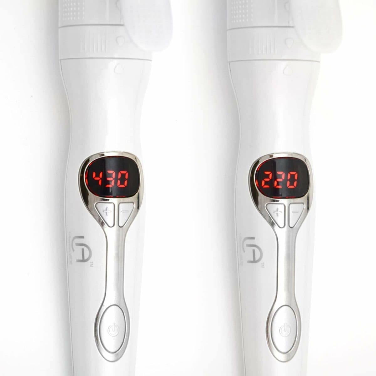 Two white 3IN1 Bold Curling Iron Set devices display digital temperatures—one at 430, the other at 220—with control buttons under the screens for plus, minus, and power functions.