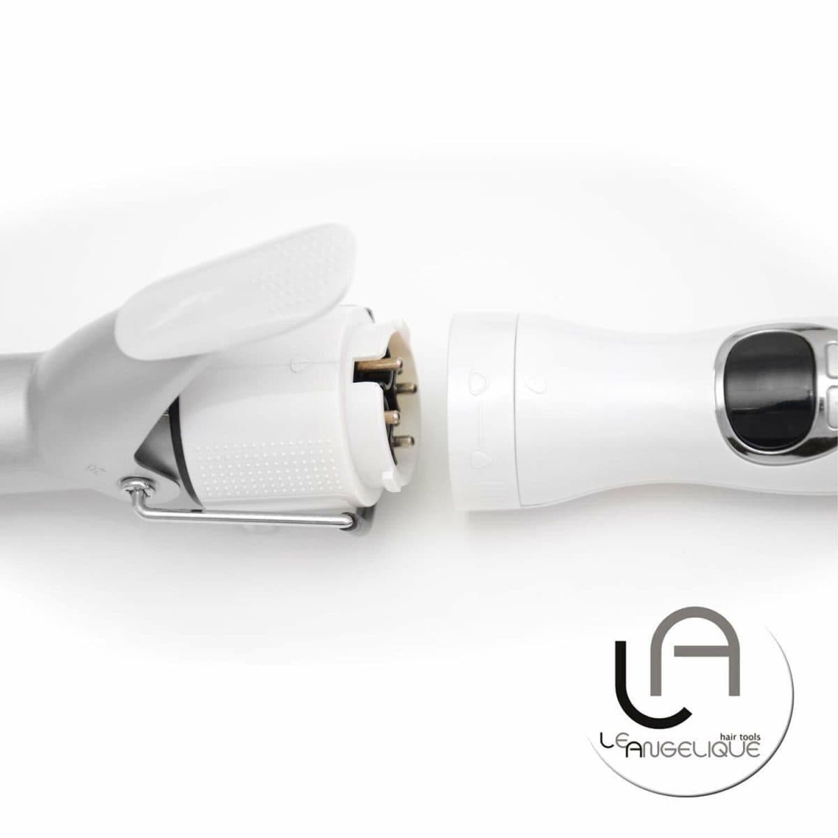 The 3IN1 Bold Curling Iron Set is shown in white with a detachable handle, separated into two pieces, and the L’Angelique logo visible in the bottom right corner.
