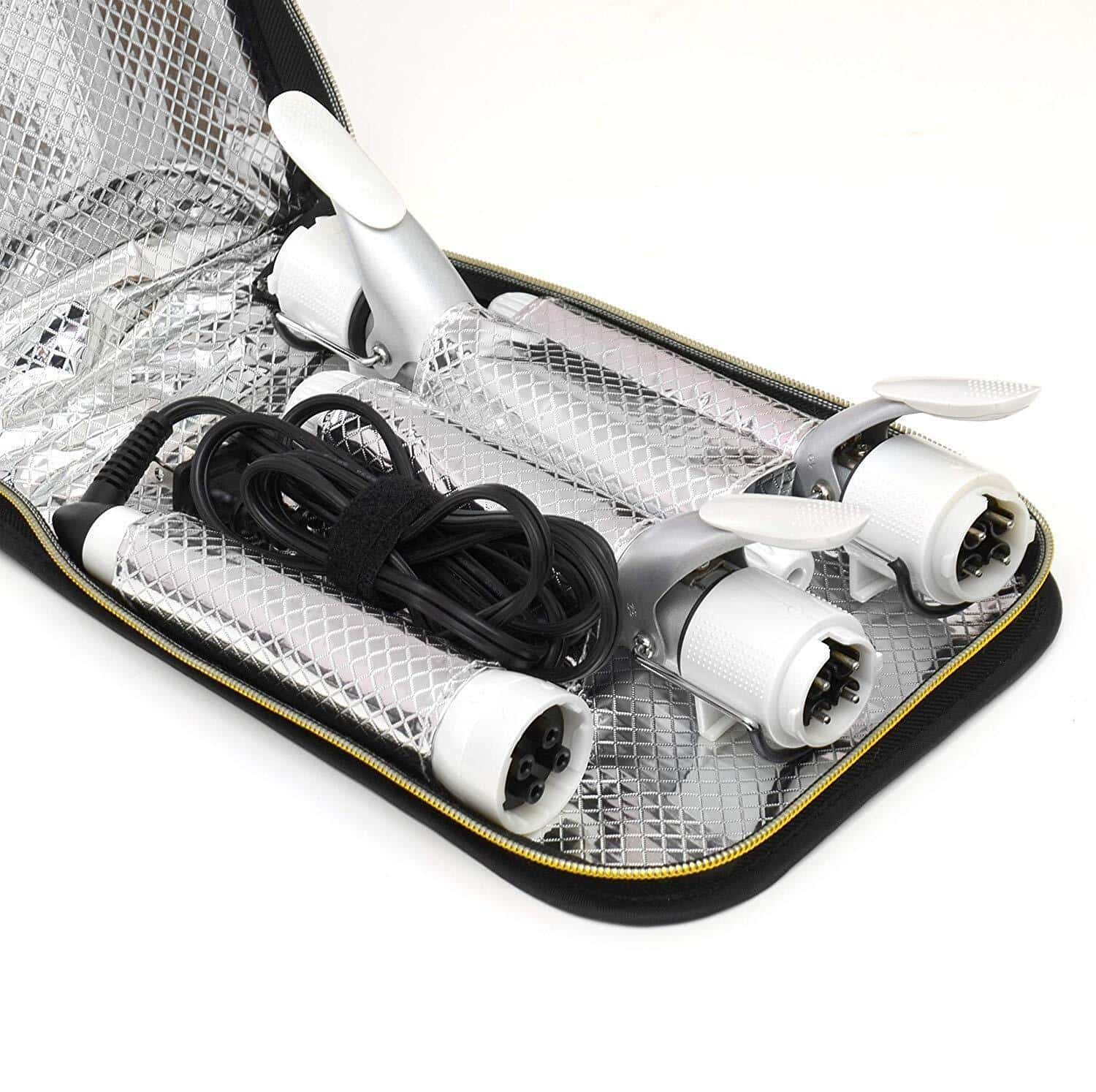 The 3IN1 Bold Curling Iron Set includes three white and silver curling irons and a black power cord with Velcro strap, all neatly organized in mesh pockets within a carrying case.