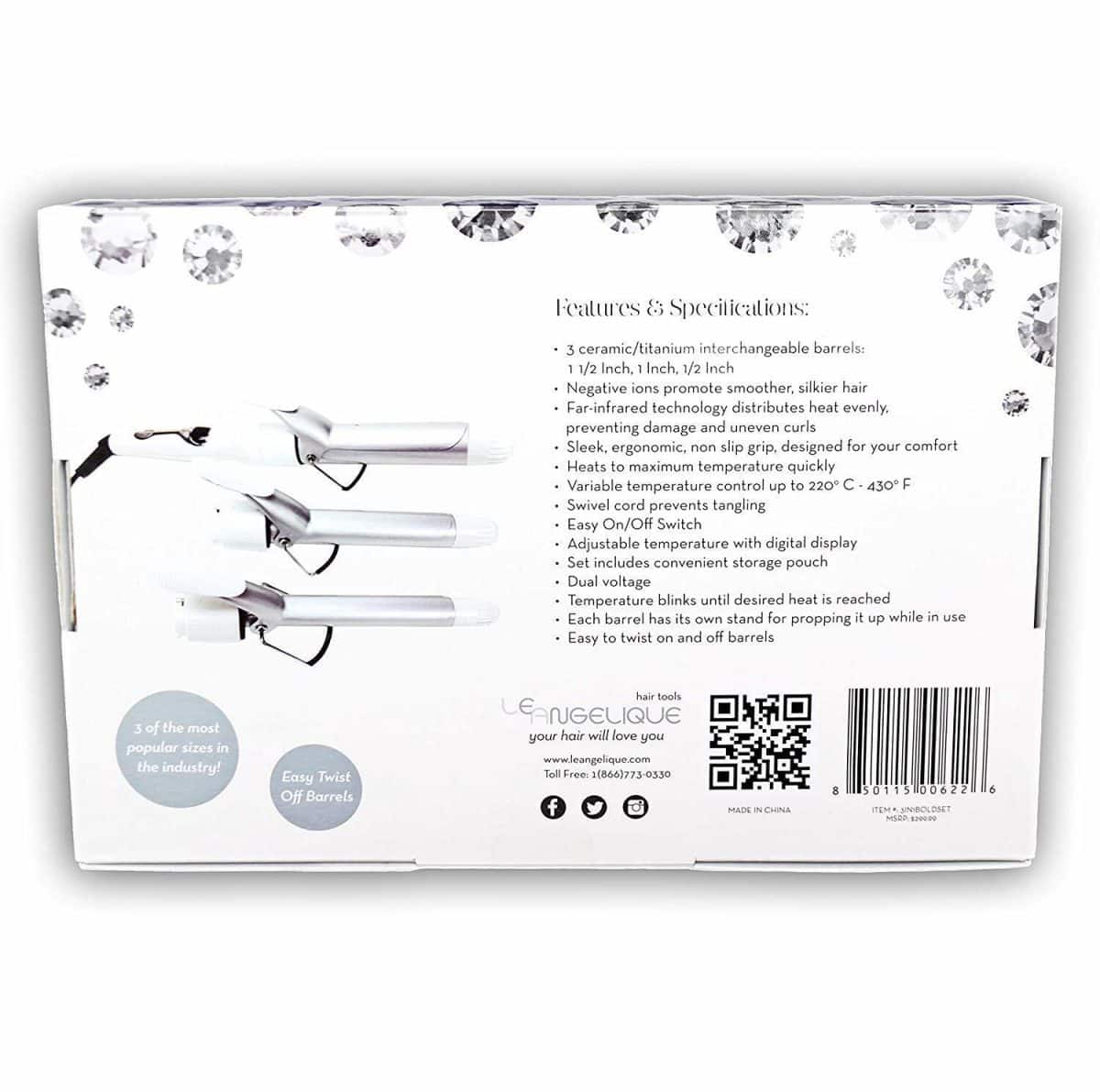 Back of the 3IN1 Bold Curling Iron Set box displays three curling irons, features, specs, a QR code, and marketing text highlighting interchangeable barrels and a digital display.