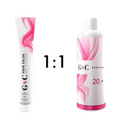 A tube of G&C hair color cream and a bottle of G&C 20 volume developer, both with white and pink packaging, displayed side by side.