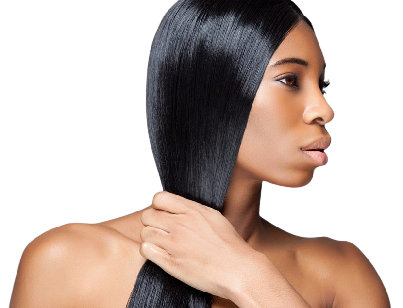 A woman with smooth, straight, black hair holds a section of her hair while looking to the side against a plain background.