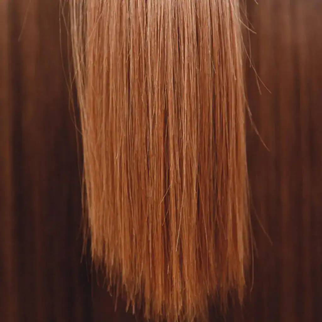 Close-up of straight, light brown hair strands hanging down against a darker brown background.