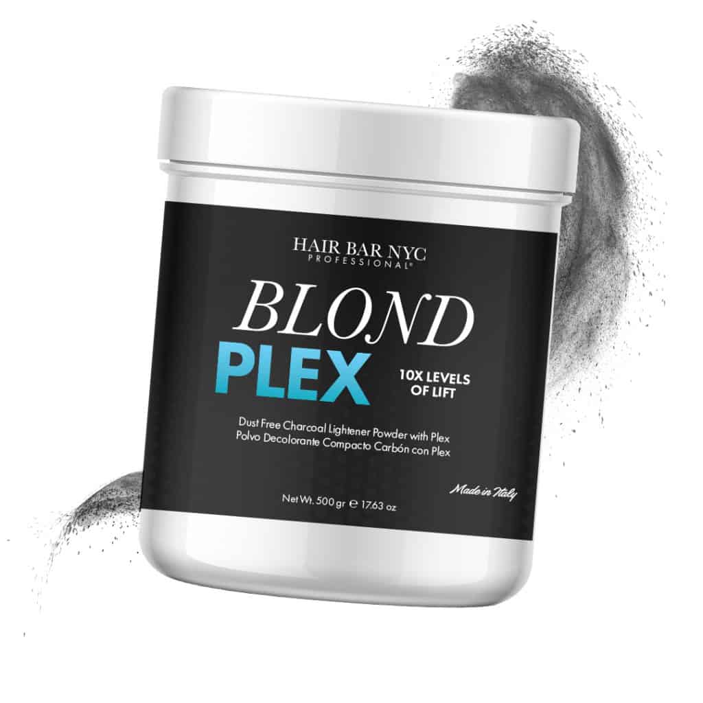 A container of Hair Bar NYC Blond Plex dust-free charcoal lightener powder with black label and powder particles in the background.