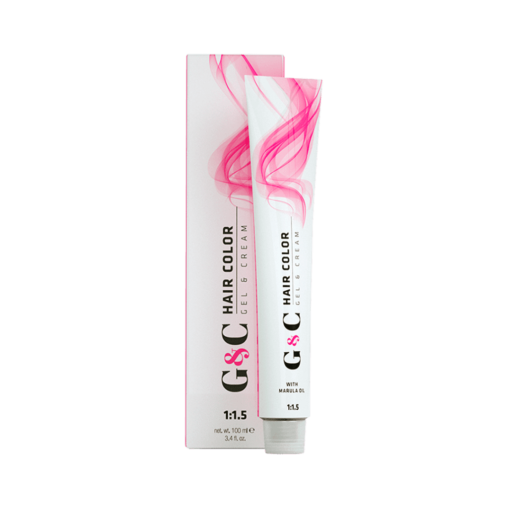 A tube of G&C Hair Color Gel Cream in front of its matching box, both white with pink accents and labeled with shade 11.5.