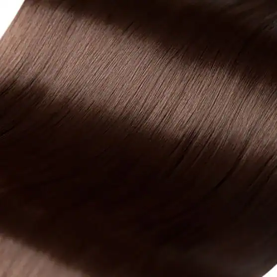 Close-up of smooth, shiny, straight brown hair with visible highlights and texture.