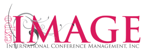 Logo for IMAGE International Conference Management, Inc. in pink and gray text with decorative flourishes on the left side.