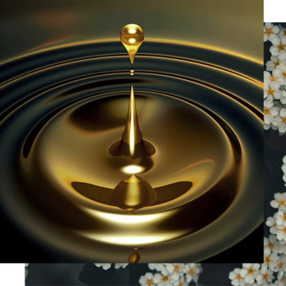 A golden liquid droplet falls into a pool, creating ripples and a splash, with white flowers partially visible at the image edges.