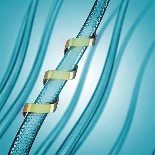 A close-up illustration of a textured blue strand with three gold bands wrapped around it, set against a blue gradient background with similar strands.