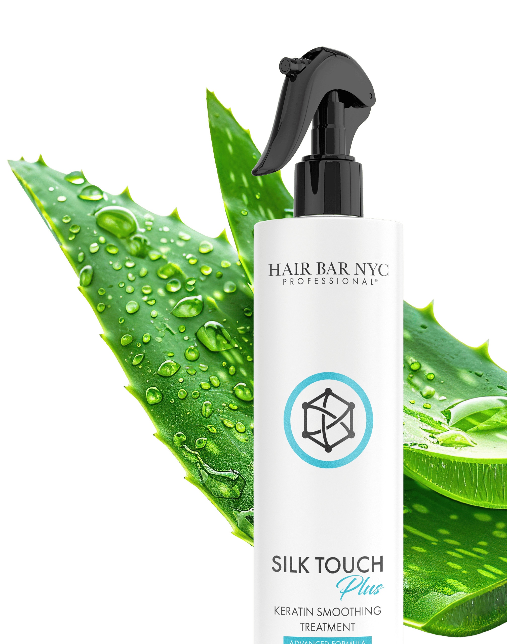 A bottle of Hair Bar NYC Silk Touch Plus Keratin Smoothing Treatment is shown in front of an aloe vera leaf with visible water droplets.