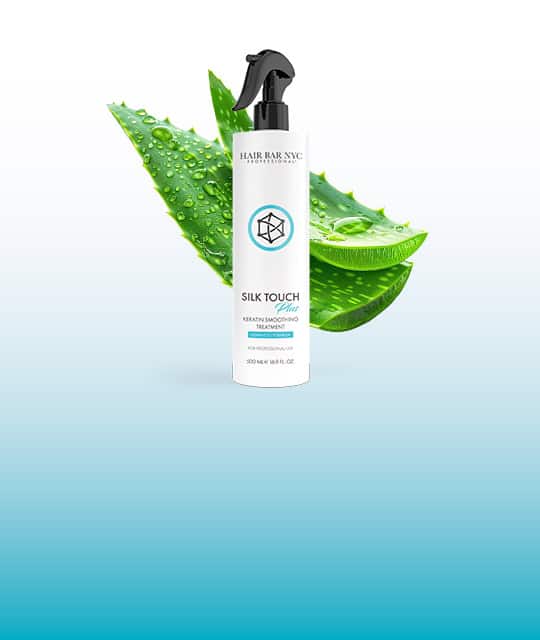 A bottle of Silk Touch keratin treatment spray is shown in front of a large aloe vera leaf with water droplets on a blue gradient background.